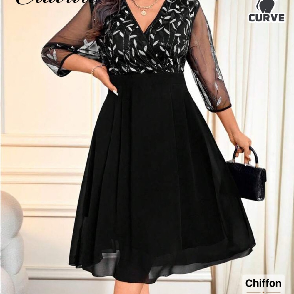 SHEIN Curves Black Chiffon Dress w/Sheer Sleeves 1X NWT